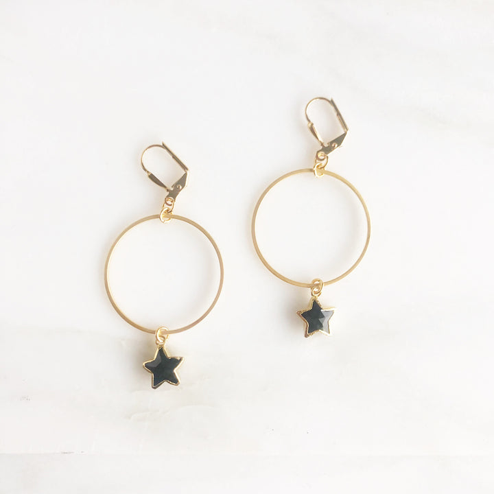 Star Hoop Earrings in Gold. Hoop Dangle Gemstone Earrings