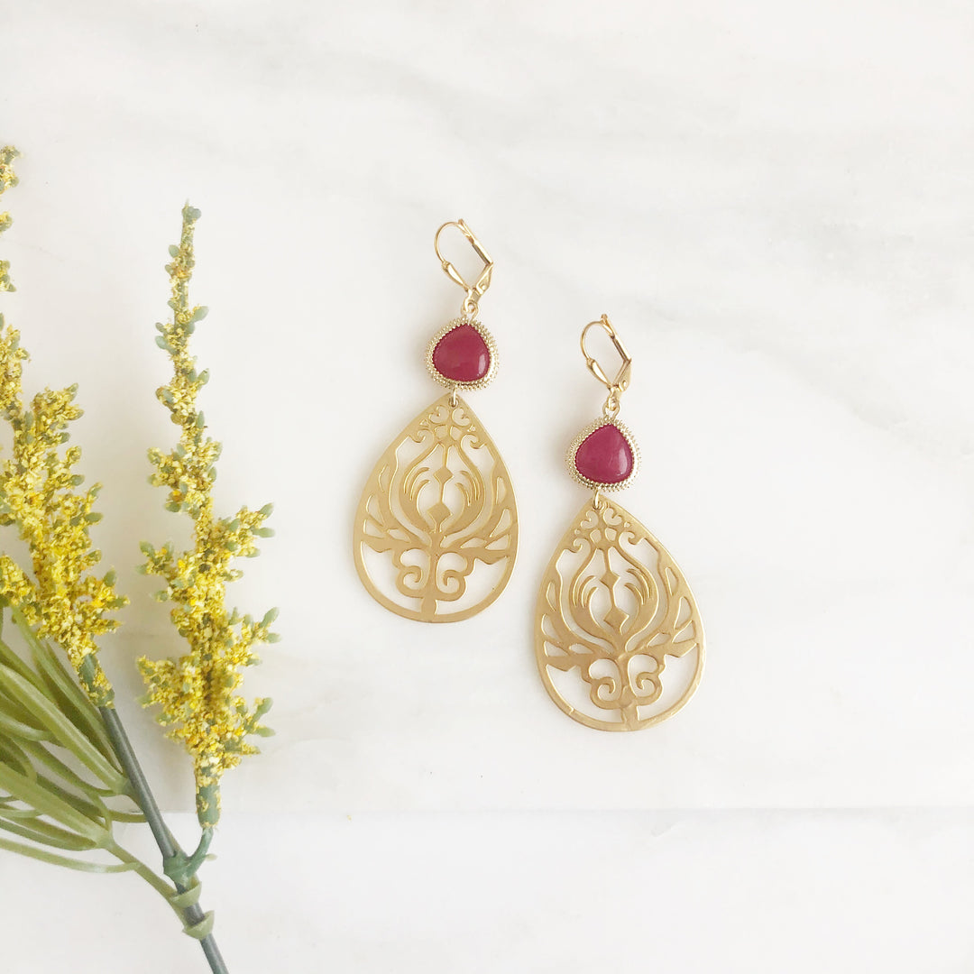 Gold Teardrop Earrings with Fuchsia Stones. Dangle Earrings