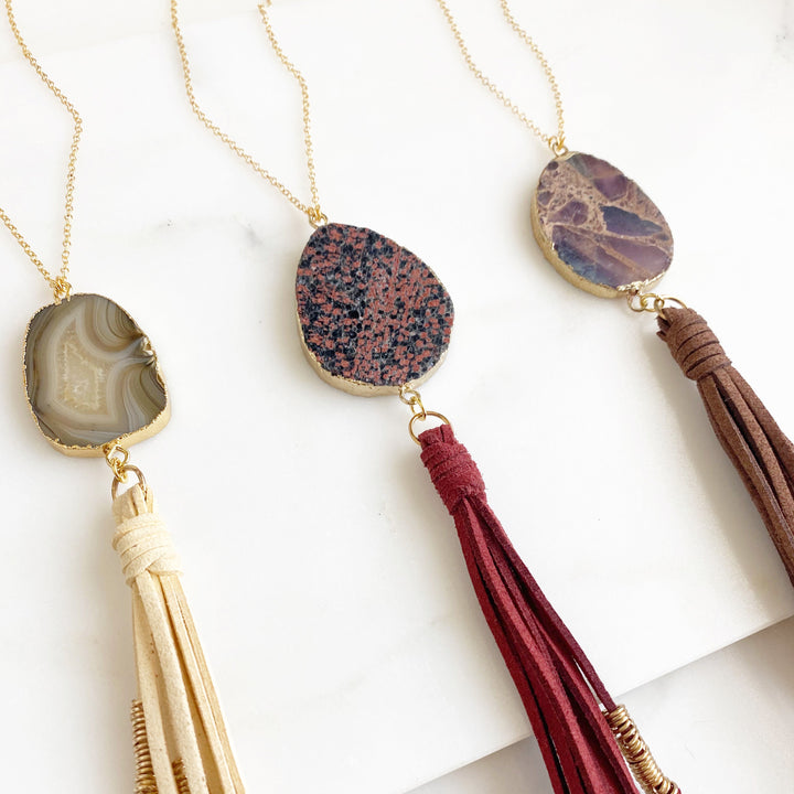 Long Boho Tassel Necklace with Stone. Gold Boho Jewelry