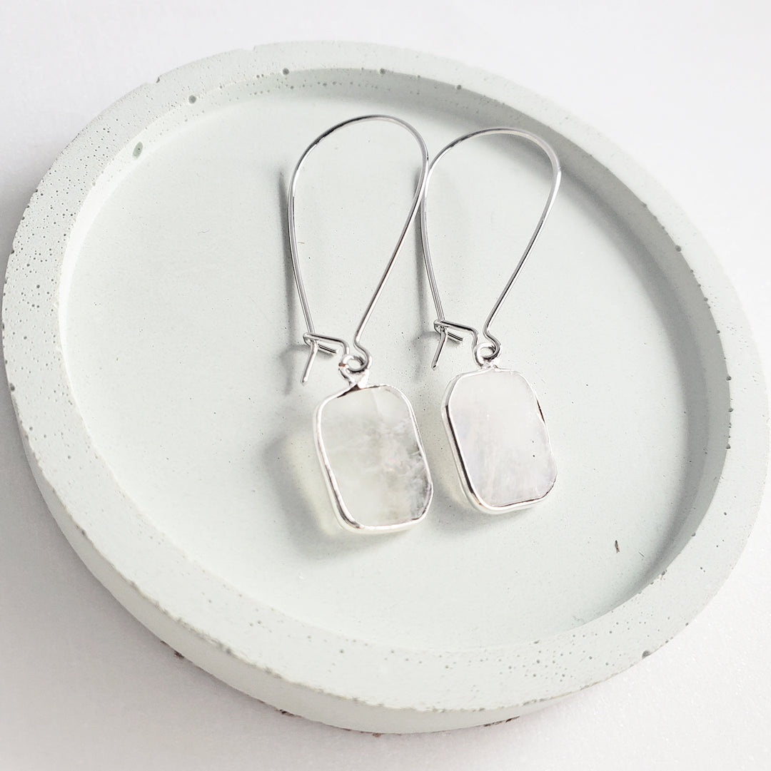 Freeform Moonstone Gemstone Slice Drop Earrings in Silver