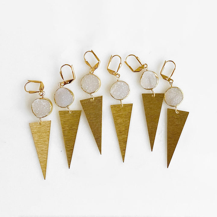 White Druzy and Triangle Earrings in Gold