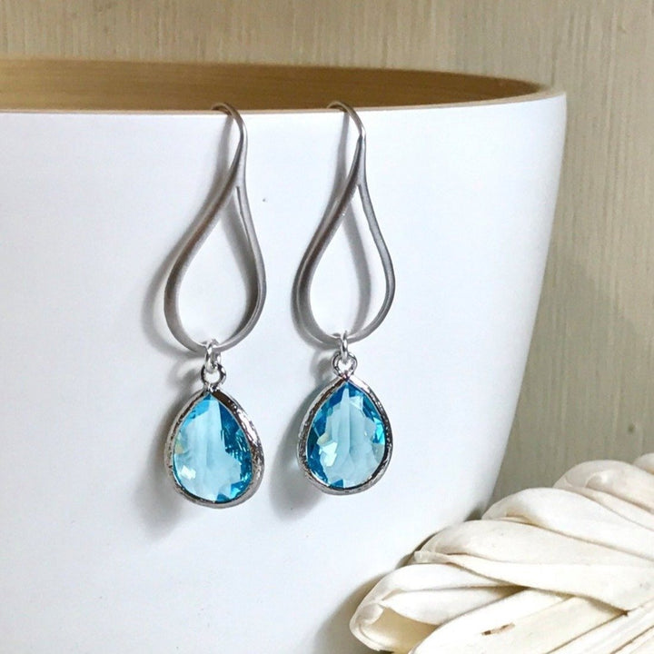 Aquamarine Teardrop Drop Earrings in Silver. Blue Dangle Drop Earrings