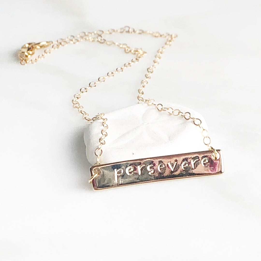 Persevere Hand Stamped Bar Necklace in Gold Silver or Rose Gold