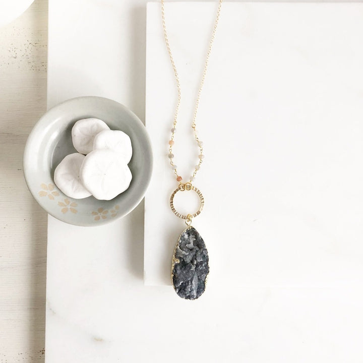 Long Charcoal Grey Druzy Teardrop and Circle Necklace with Beaded Chain in Gold