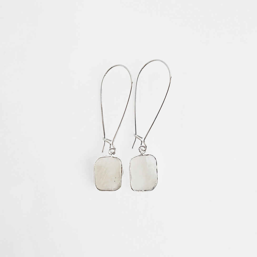 Freeform Moonstone Gemstone Slice Drop Earrings in Silver