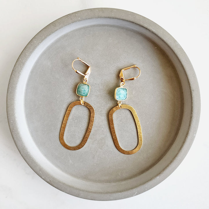 Amazonite Bezel Open Oval Dangle Earrings with Brushed Gold