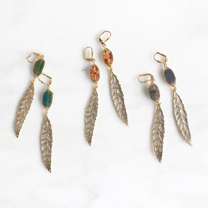 Boho Feather Earrings in Golden Fall Colors. Long Gold Feather Earrings. Boho Earrings