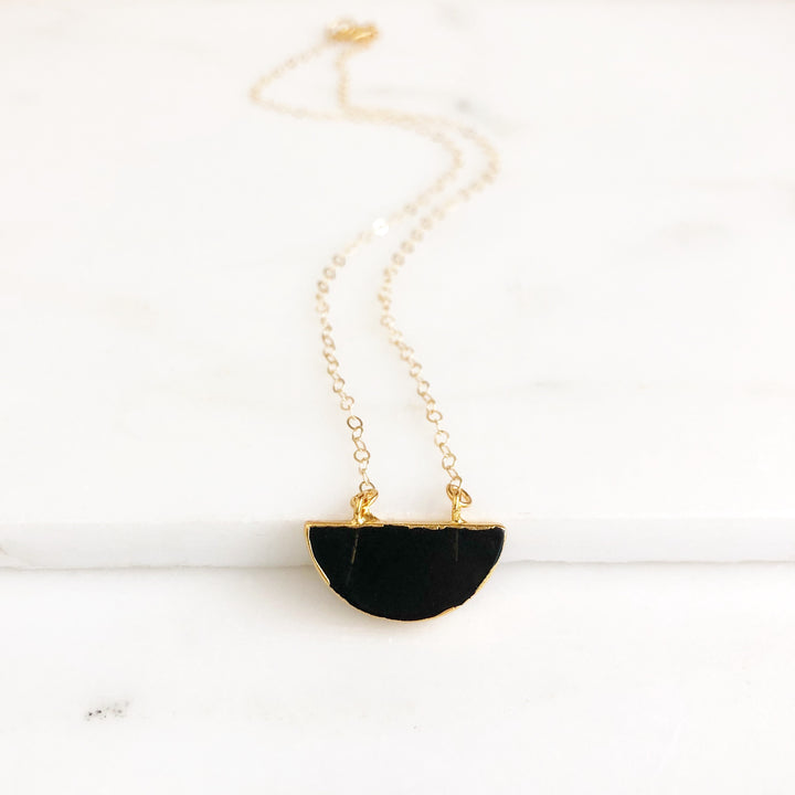 Black Crescent Moon Necklace in Gold. Black Stone Crescent Necklace