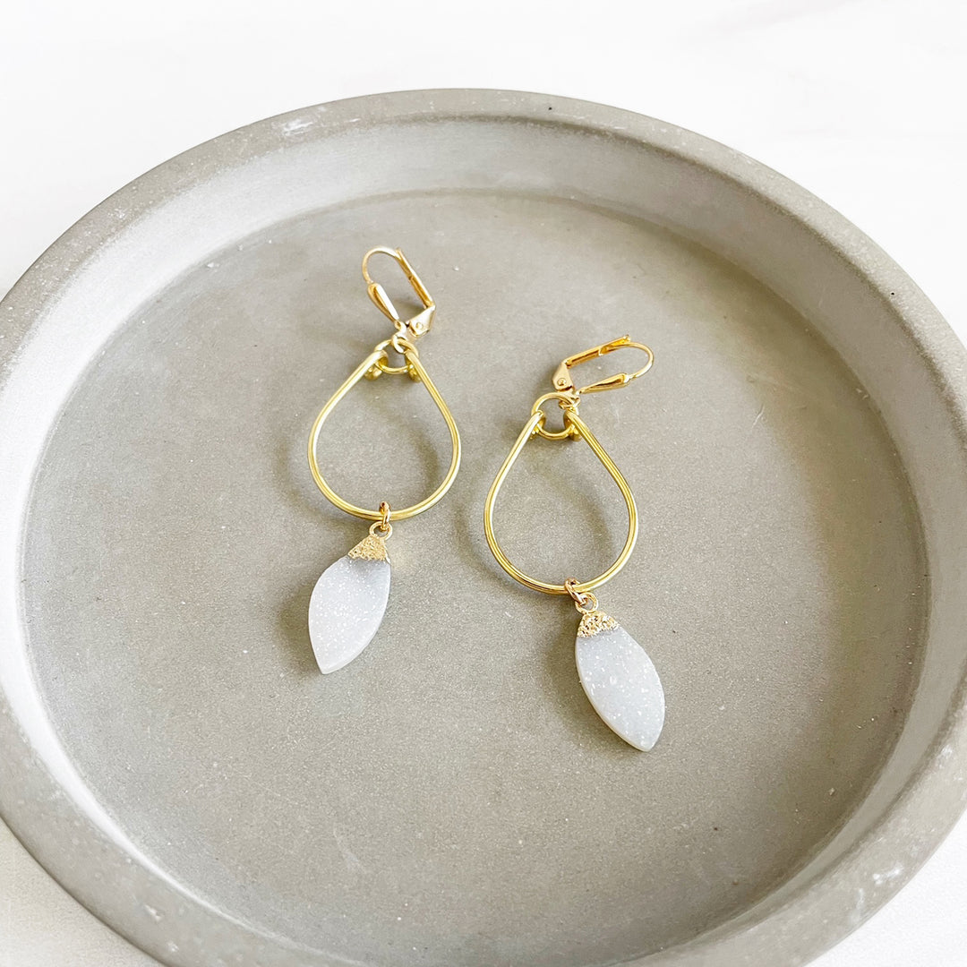 White Druzy Marquise with Teardrop Dangle Earrings in Gold
