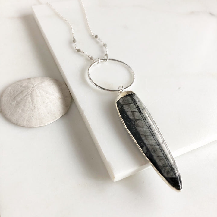Long Silver Necklace with Orthoceras Pendant and Labradorite Beaded Chain.