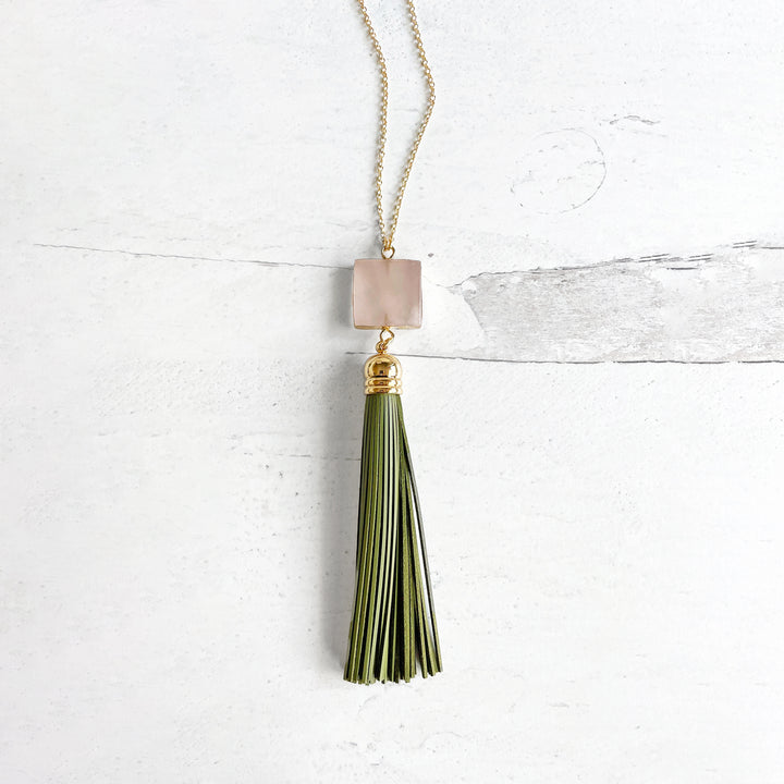 Long Leather Tassel Gemstone Necklace in Gold