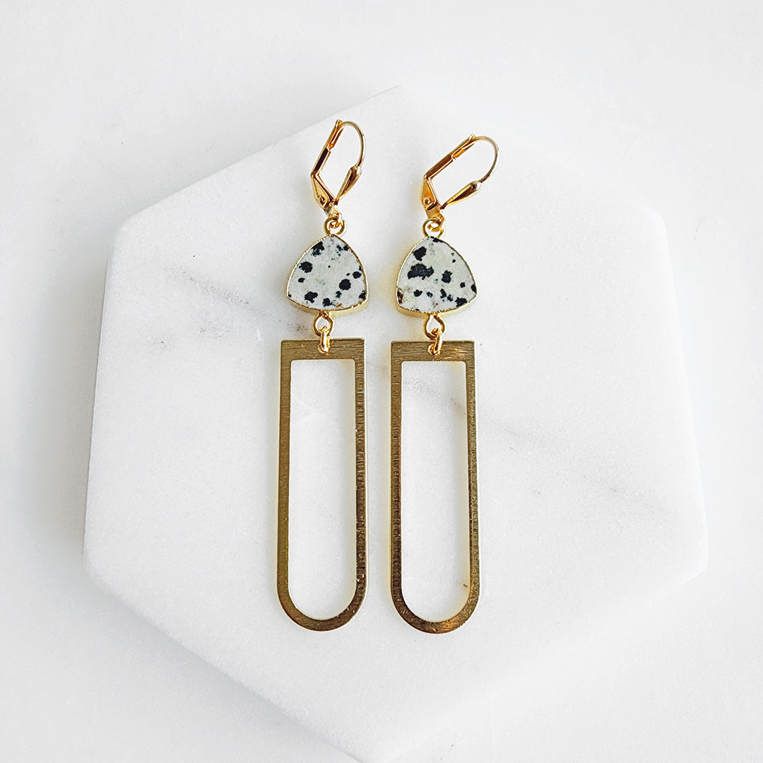 Dalmatian Jasper Arch Dangle Earrings in Brushed Brass Gold