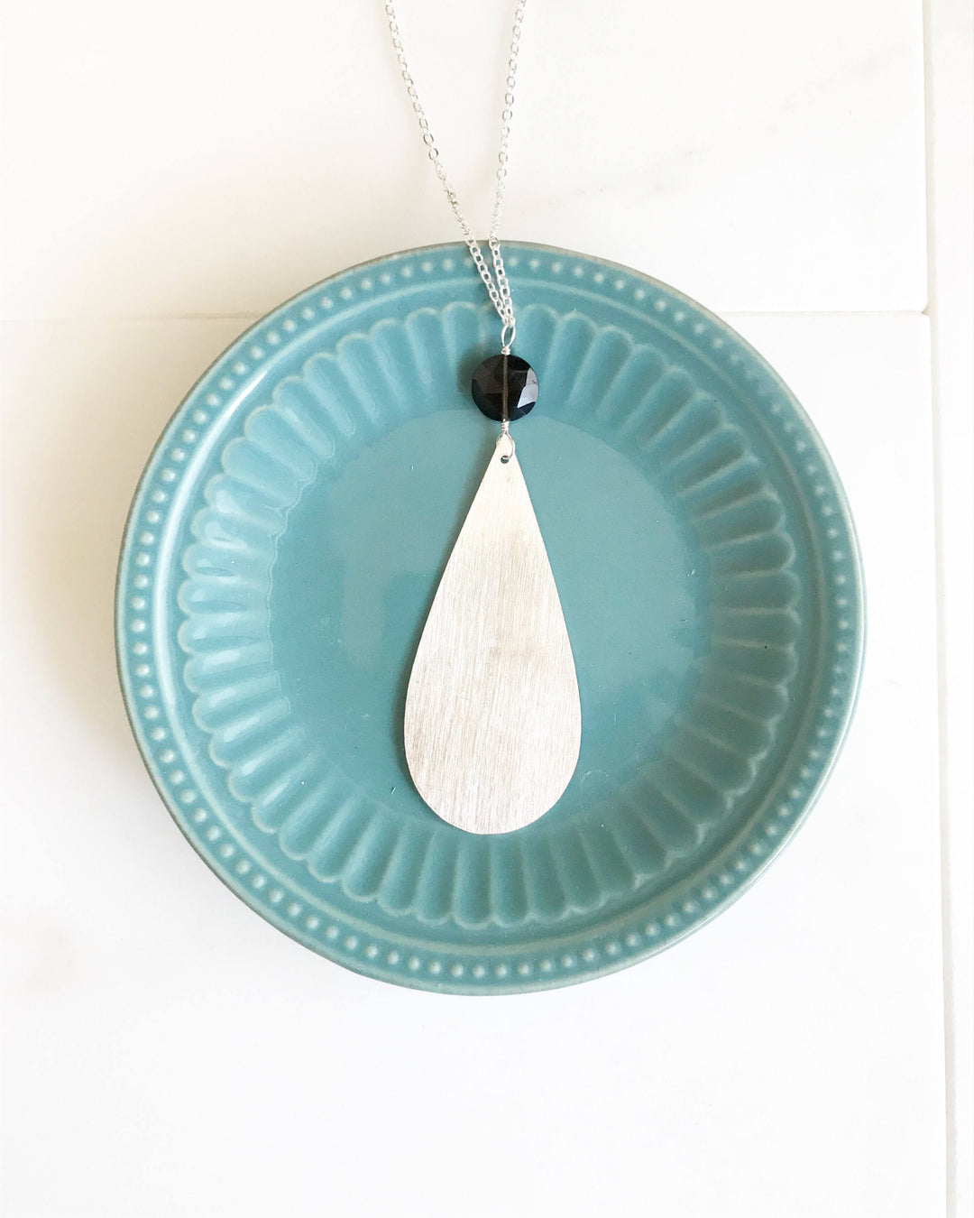 Long Boho Brushed Silver Teardrop and Smoky Quartz Pendant Necklace