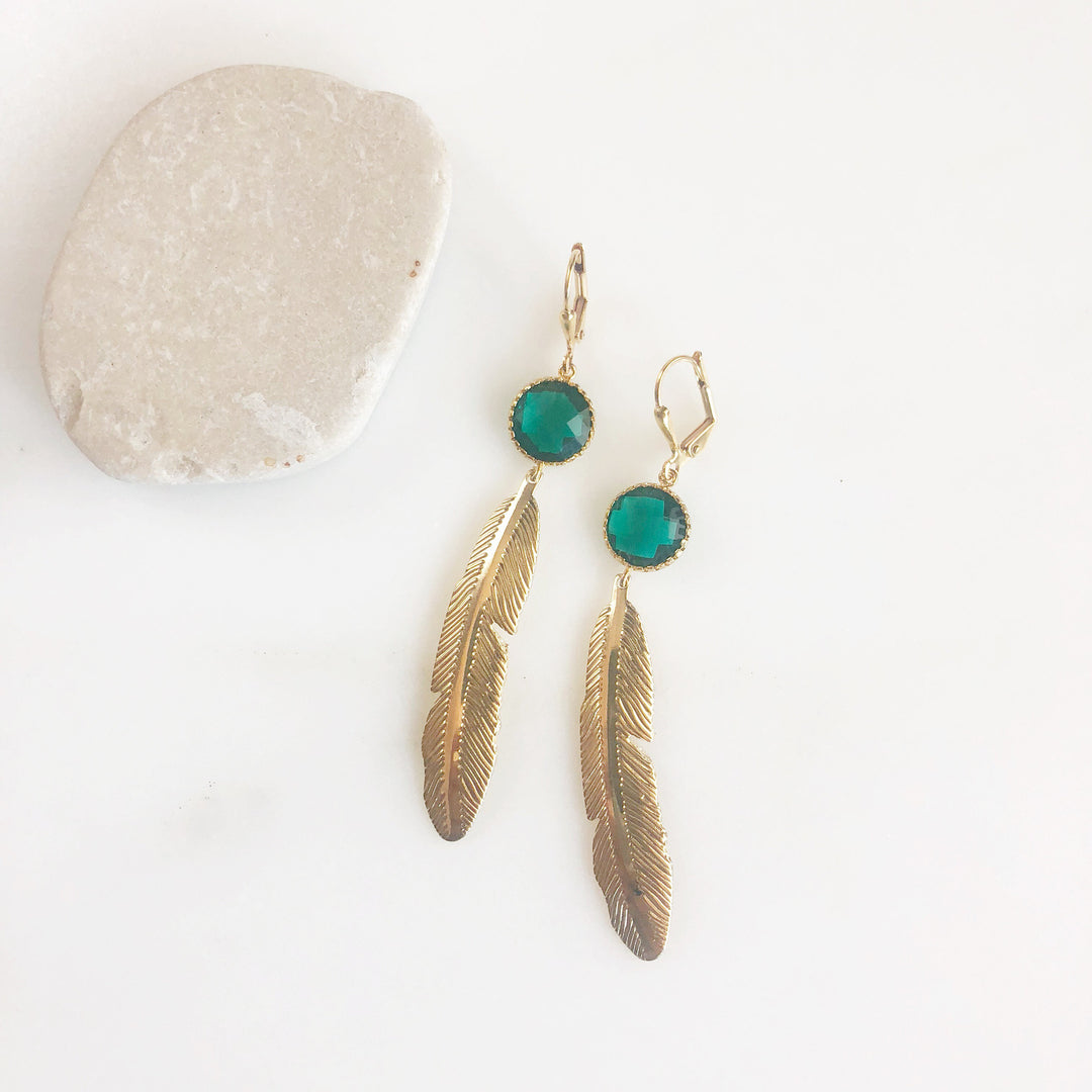 Gold Leaf Earrings with Emerald Green Stones. Long Gold Fashion Earrings. Leaf Earrings. Leaf Earrings. Big Earrings. Jewelry.