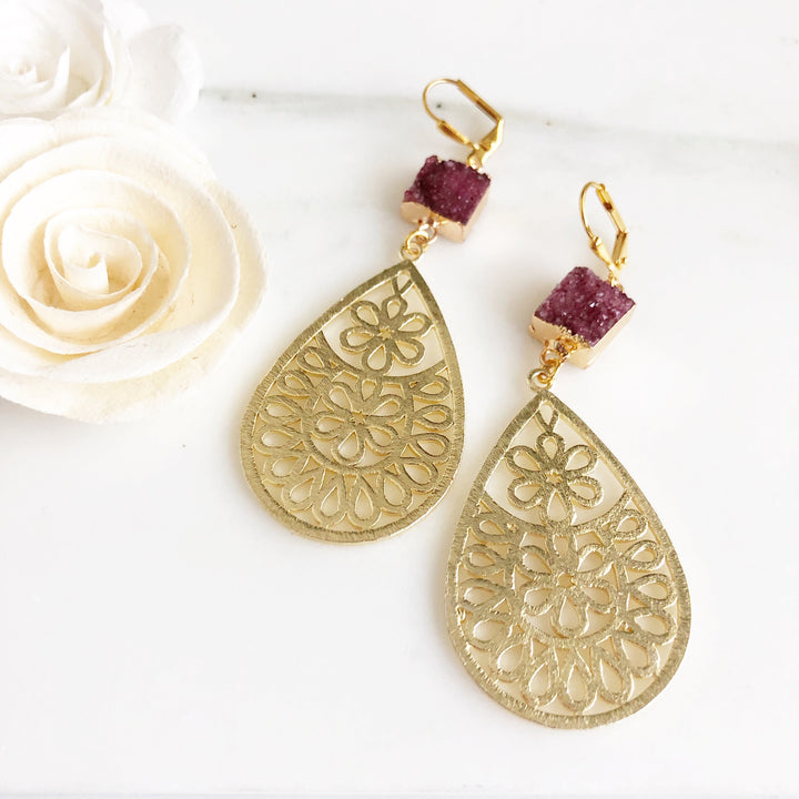 Gold Druzy Teardrop Statement Earrings. Red and Green Floral Dangle Earrings. Bold Modern Earrings.