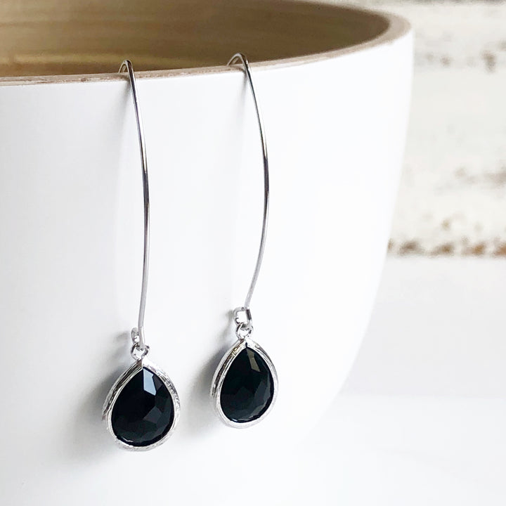 Black Dangle Drop Earrings in Silver. Simple Glass Earrings