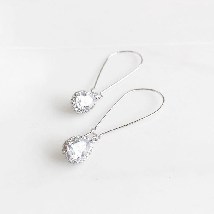 Large Simple Silver Bridal Drop Earrings. Cubic Zirconia Drop Dangle Earrings