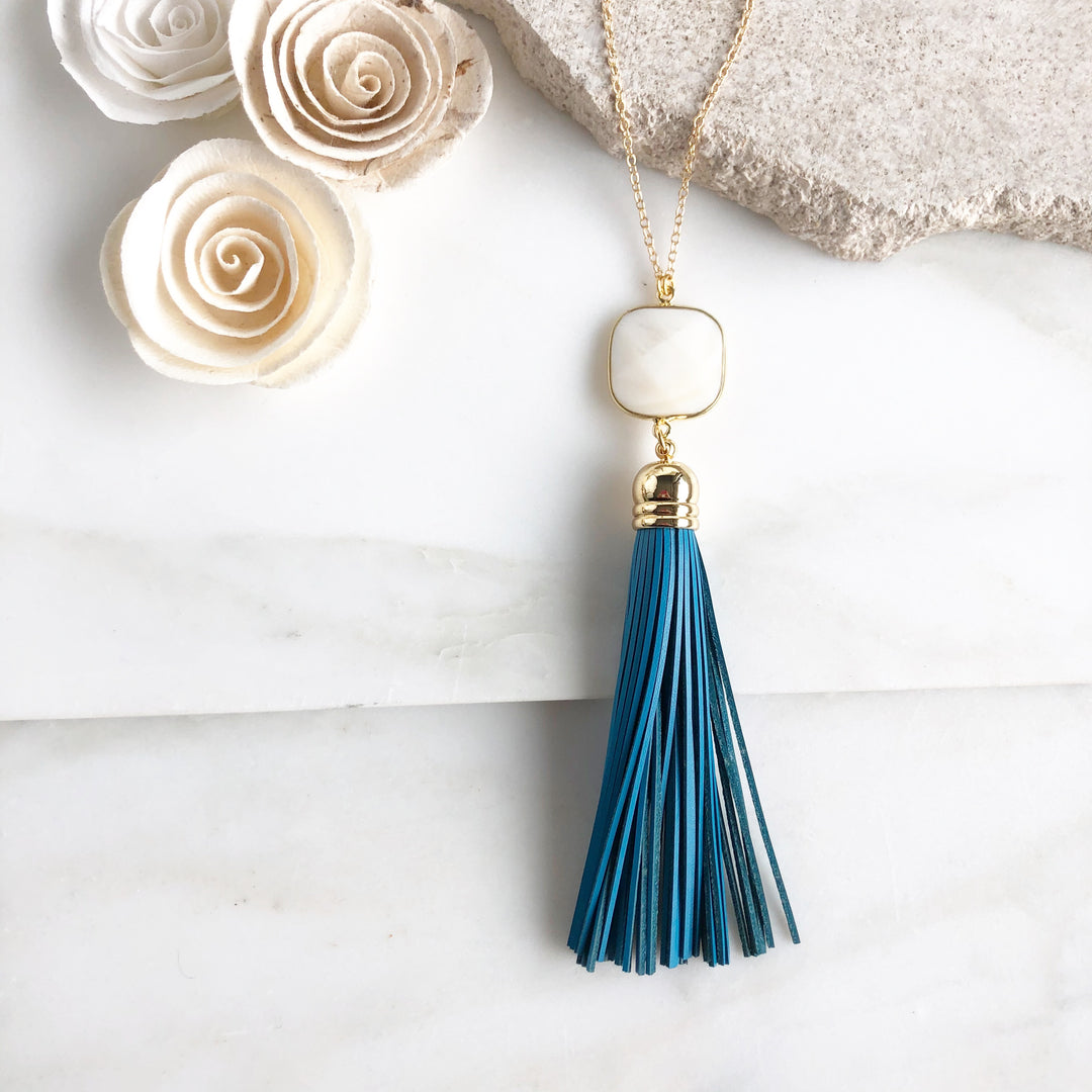 Blue Tassel White Stone Necklace in Gold