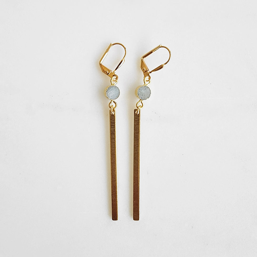 Long Delicate Stick Statement Earrings with Small Stone in Brushed Brass Gold