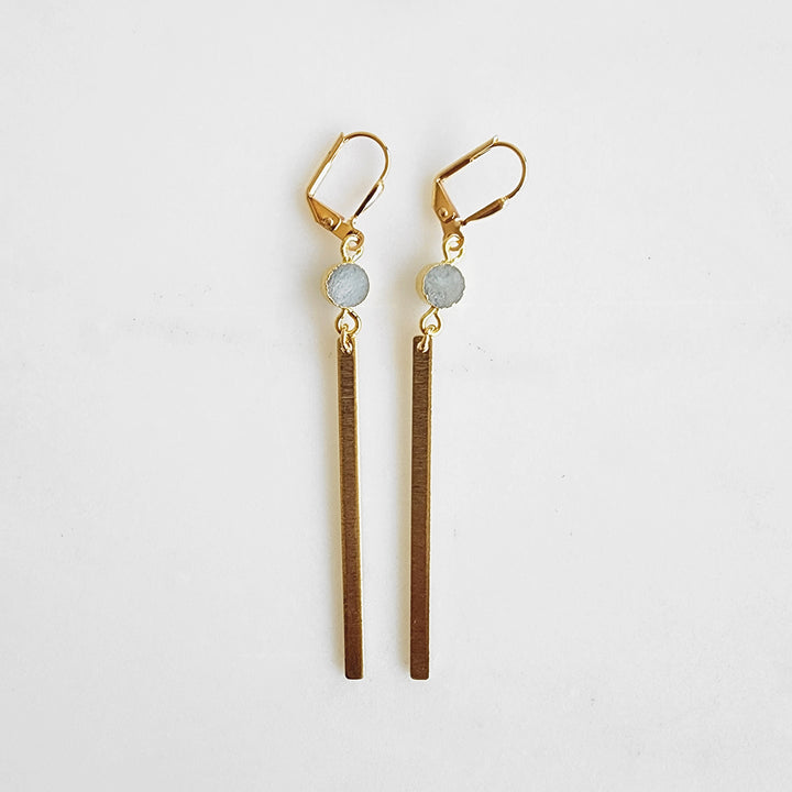 Long Delicate Stick Statement Earrings with Small Stone in Brushed Brass Gold