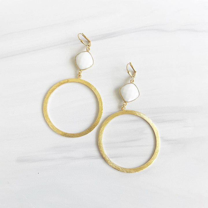 Large Hoop Earrings with White Agate Stones in Gold