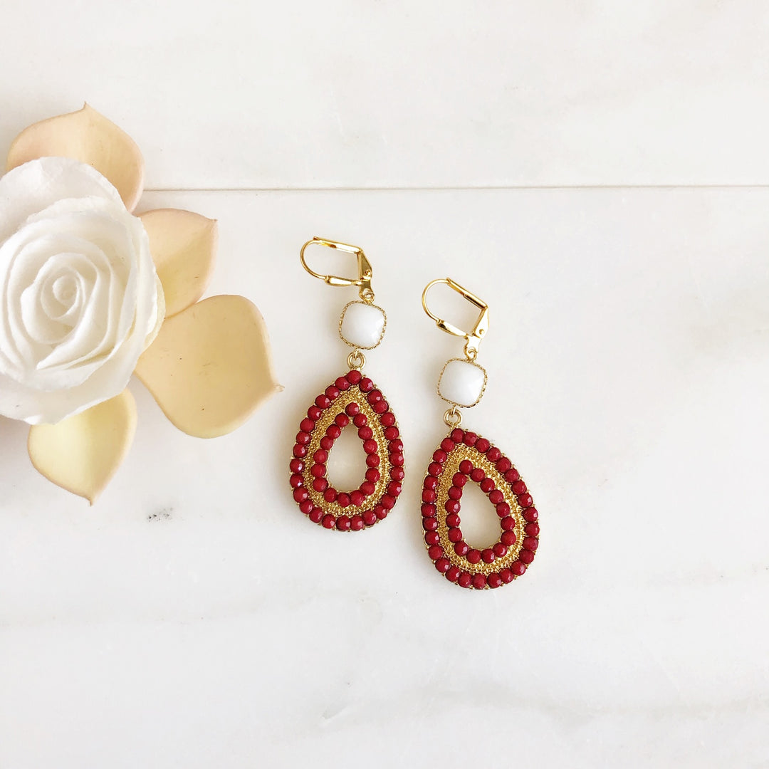 Wine Red and White Statement Earrings in Gold. Burgandy Statement Earrings. Chandelier Earrings.