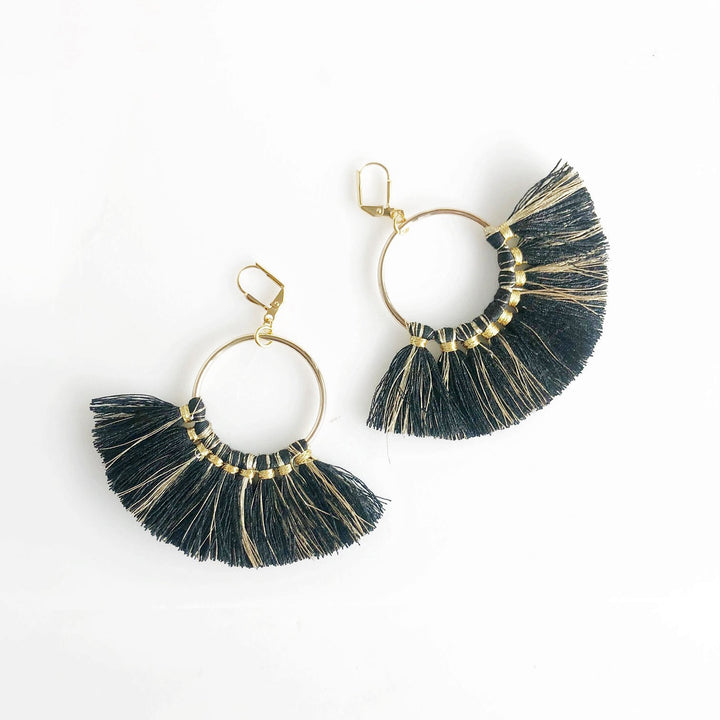Black and Gold Fan Tassel Earrings. Tassel Earrings. Chandelier Earrings. Statement Earrings. Gift.