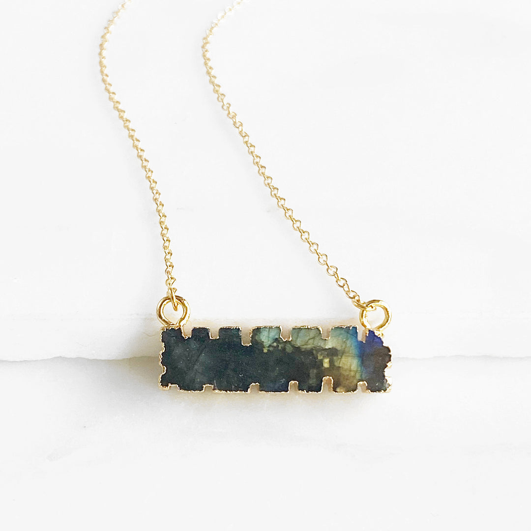 Labradorite Scalloped Bar Necklace in Gold. Simple Dainty Gemstone Bar Necklace