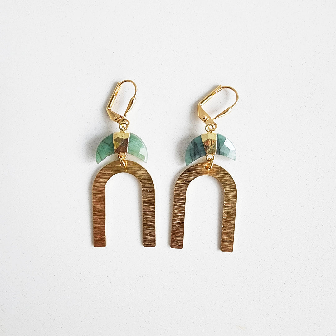 Crescent Gemstone Earrings with Horseshoe Pendants in Brushed Brass Gold