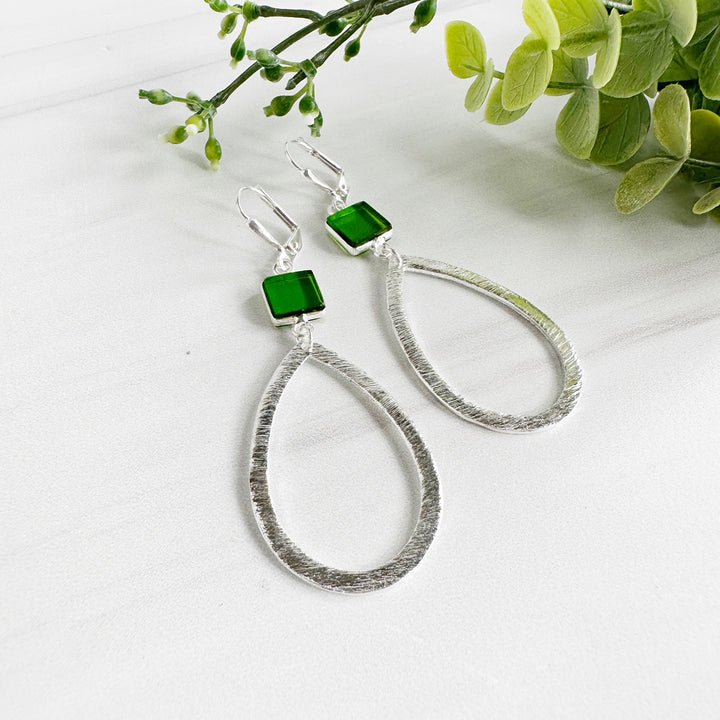 Green Peridot Stone Teardrop Earrings in Brushed Silver