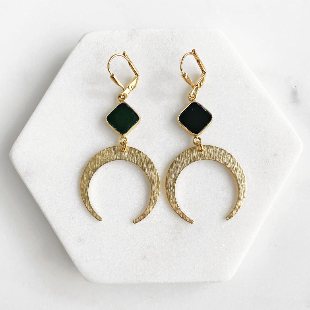 Black Onyx Crescent Earrings in Gold. Brushed Brass Earrings