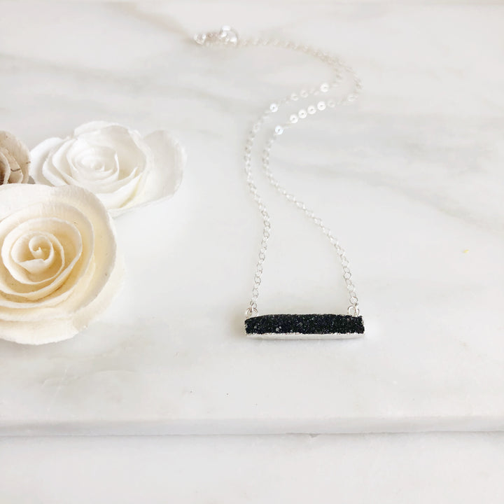 Black Druzy Bar Necklace. Thin Black Druzy Bar Necklace in Sterling Silver