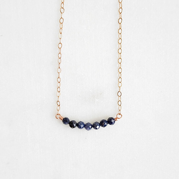 Blue Sapphire Beaded Bar Necklace in Rose Gold