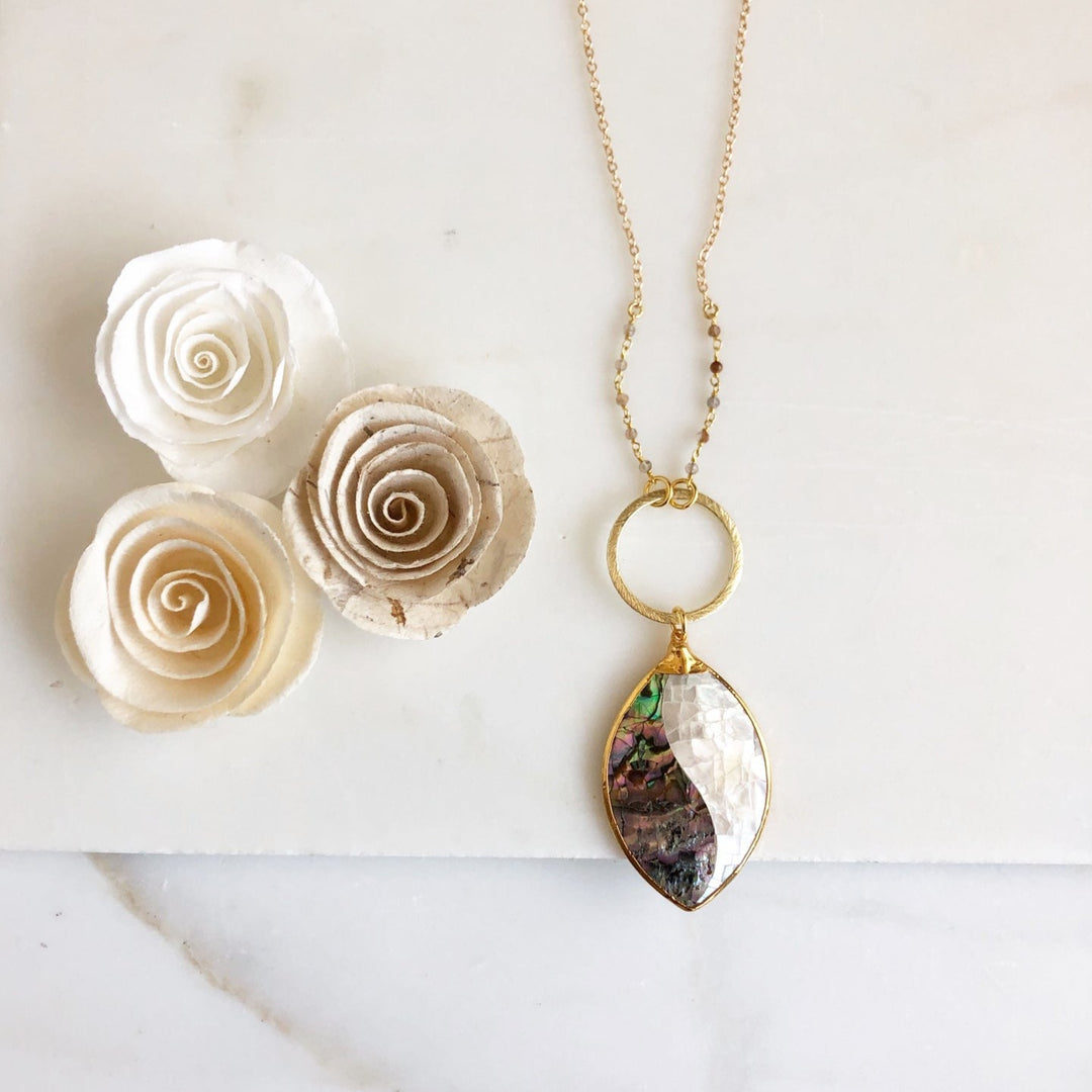Long Necklace with Mother of Pearl Pendant in Gold