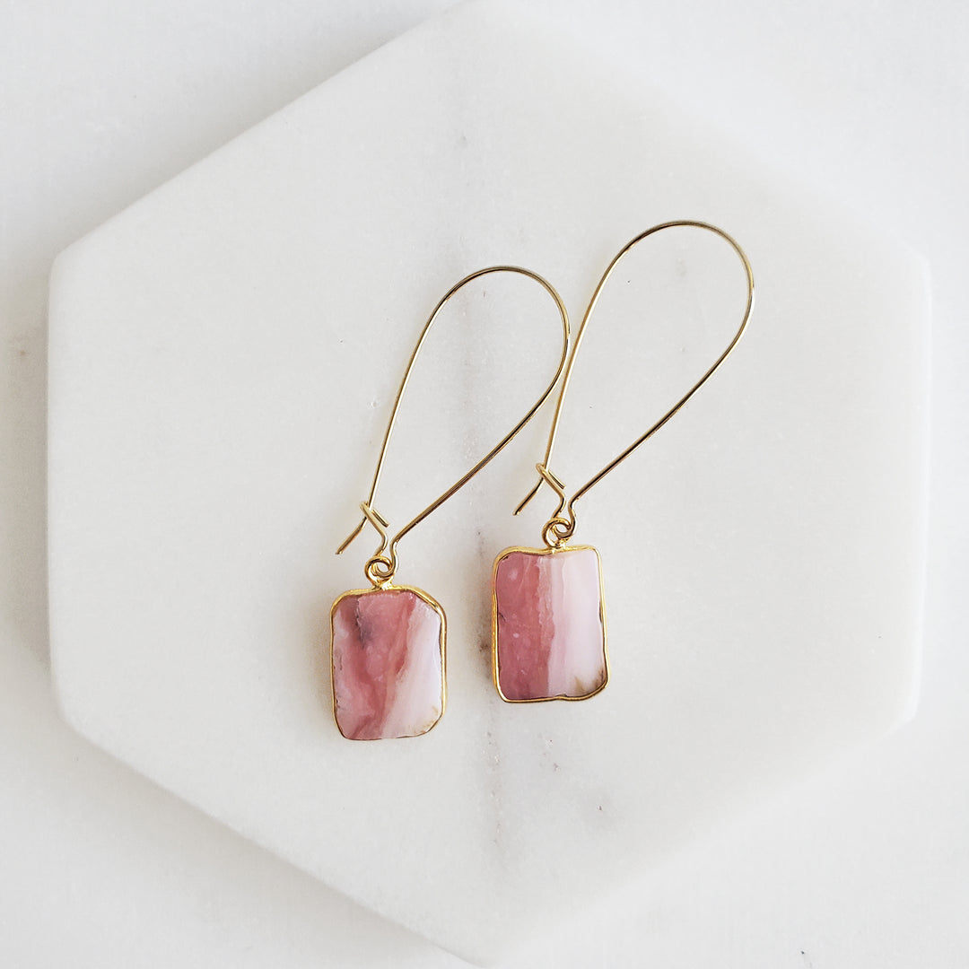 Freeform Pink Opal Gemstone Slice Drop Earrings in Gold