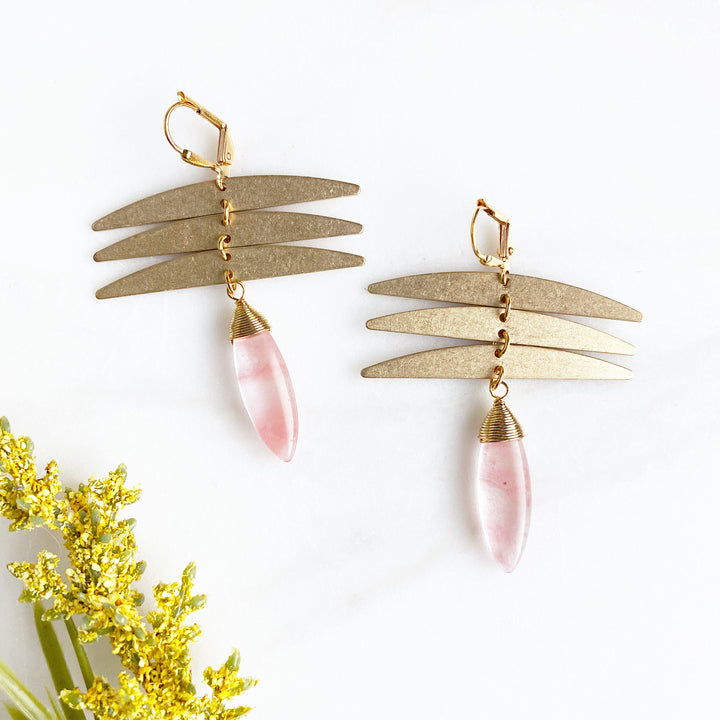 Dragonfly and Cherry Quartz Statement Earrings in Gold. Gold Dangle Earrings