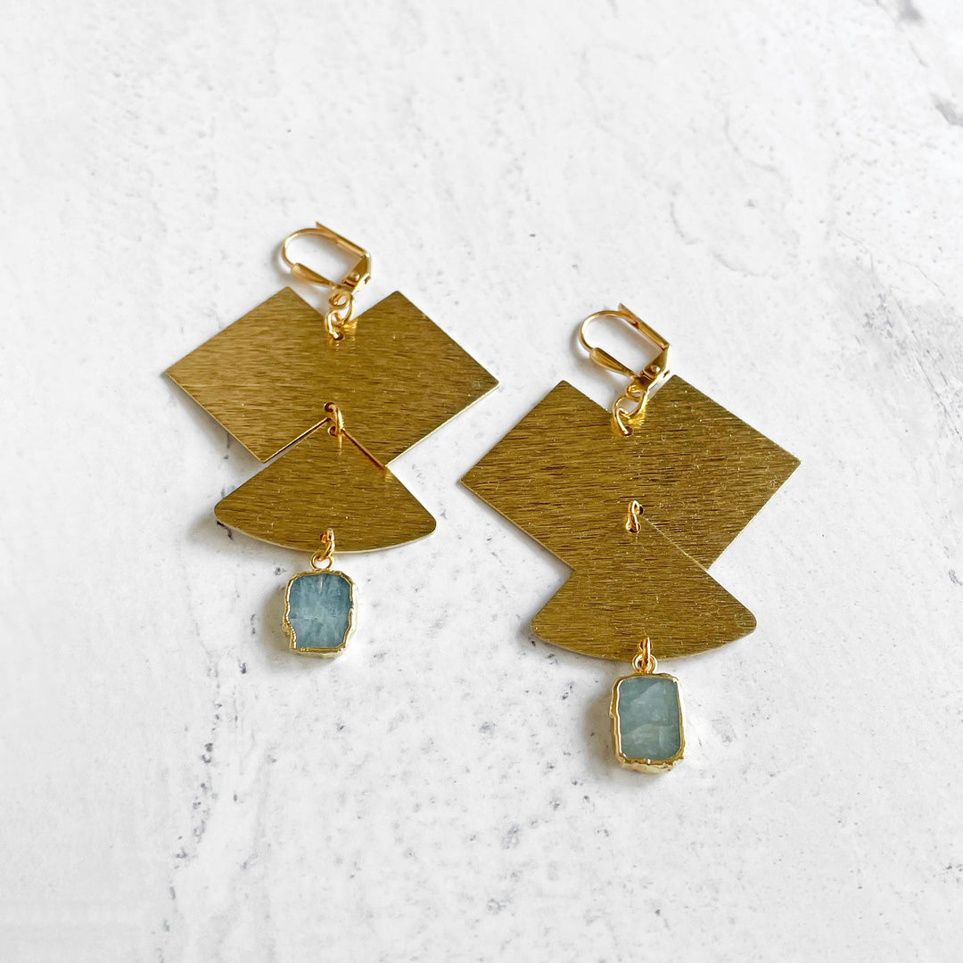 Large Brass Statement Earrings with Aquamarine Gemstone Slice