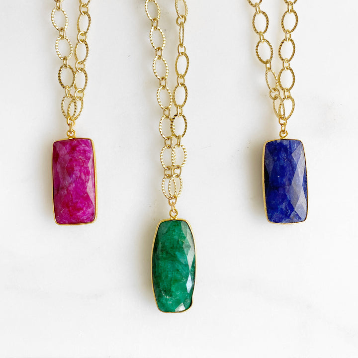 Gold Chunky Chain Necklace with Rectangle Gemstone Bezel Stones. Sapphire Emerald Ruby Pendant Necklace