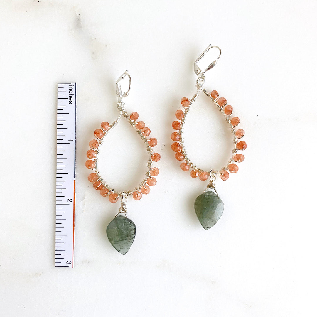 Peach Moonstone and Moss Aquamarine Dangle Earrings in Silver