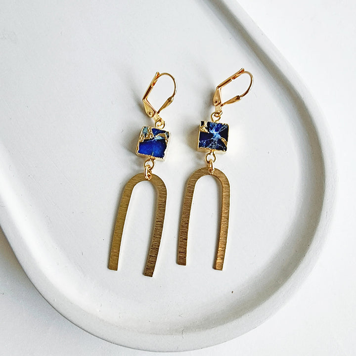 Square Sapphire Mojave Horseshoe Statement Earrings in Brushed Brass Gold