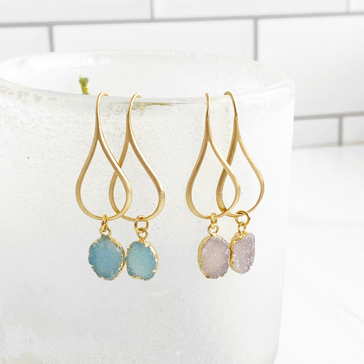Pink Blue Druzy Drop Earrings in Gold