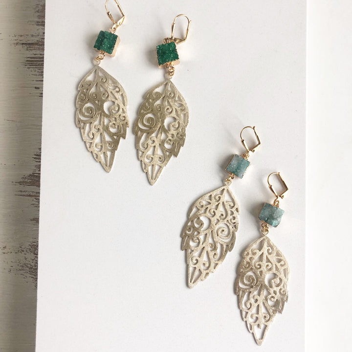 Gold Leaf Statement Earrings. Aqua Blue and Forest Green Cruzy Fun Leaf Earrings. Nature Jewelry.