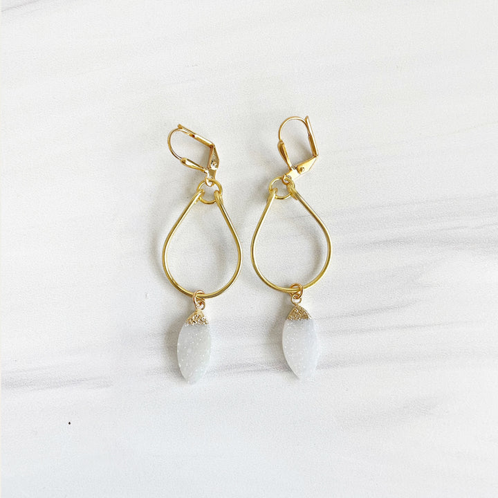 White Druzy Marquise with Teardrop Dangle Earrings in Gold