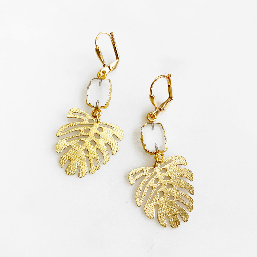 Clear Crystal Quartz and Monstera Leaf Dangle Earrings. Gold Plant Statement Earrings
