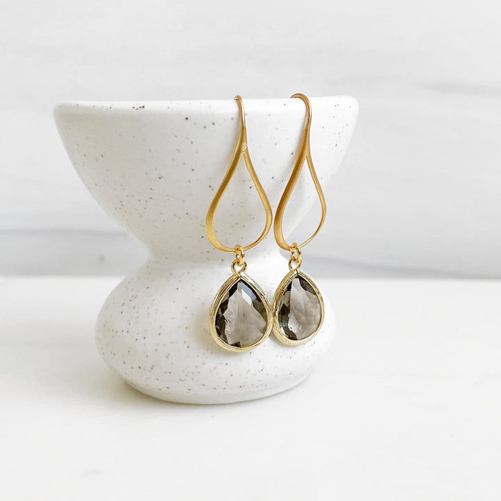 Gold Charcoal Drop Earrings. Gray Teardrop Modern Dangle Earrings