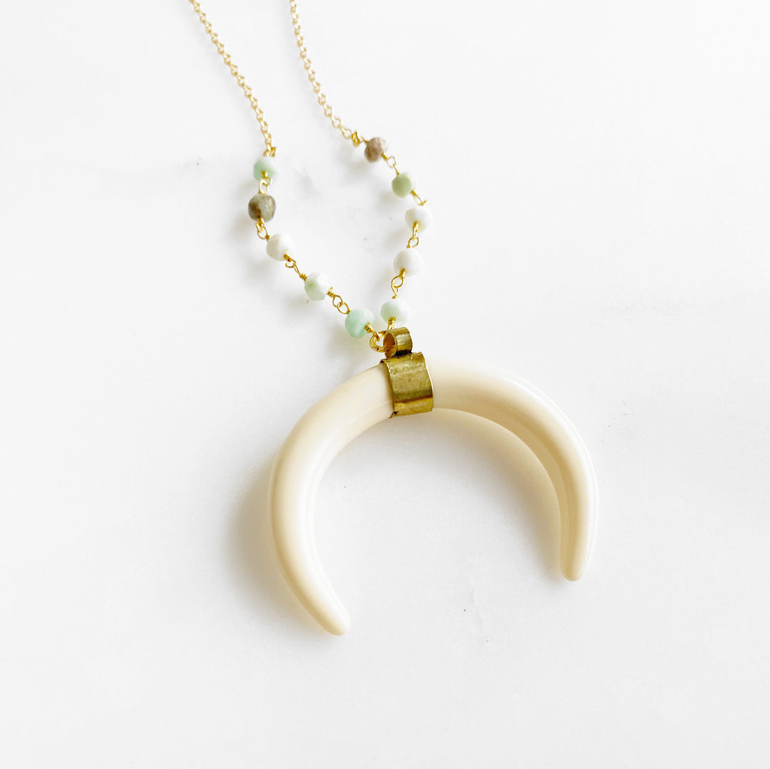 Long Cream Crescent Necklace in Gold with Amazonite or Brown Moonstone Beading