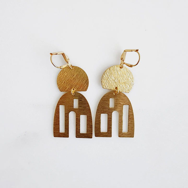 Small Domed Geometric Earrings in Brushed Brass Gold