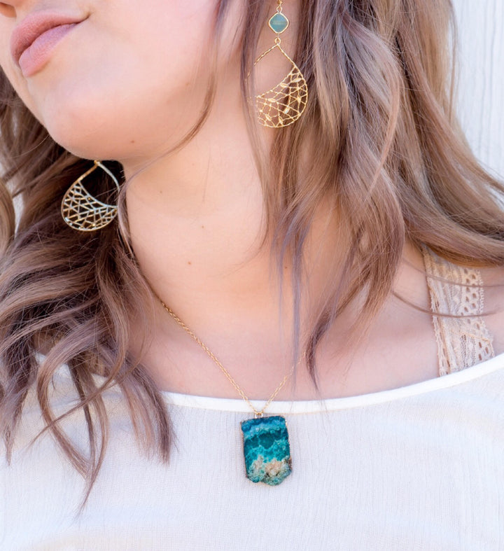 Teal Chunky Druzy Necklace in Gold. Aqua Geode Necklace