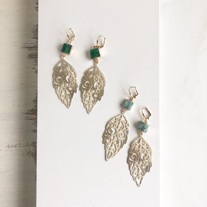 Gold Leaf Statement Earrings. Aqua Blue and Forest Green Cruzy Fun Leaf Earrings. Nature Jewelry.