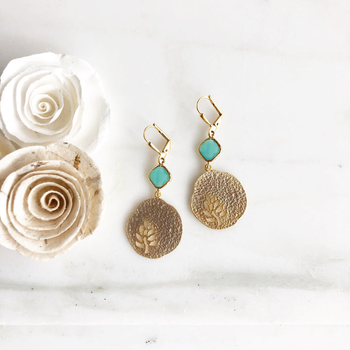 Gold Turquoise Cut Out Leaf Earrings. Gold Nature Earrings. Gold Plant Earrings. Turquoise Stone.
